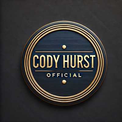 Circular dark blue logo with gold metallic boarder and gold text: Cody Hurst Official